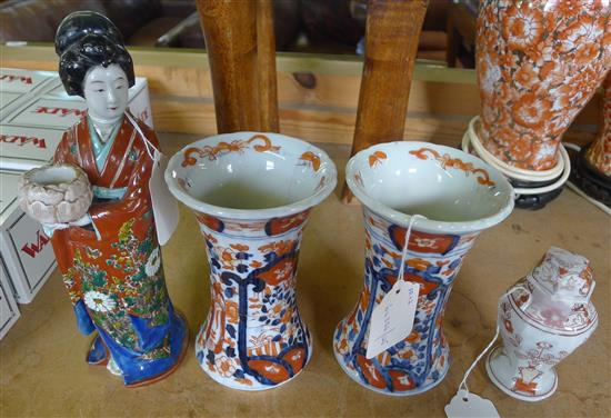 Japanese porcelain figure of a geisha, pair Imari waisted vases with everted rims & another item (faults)